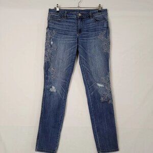 White House Black women's blue denim pants embroidered with flowers